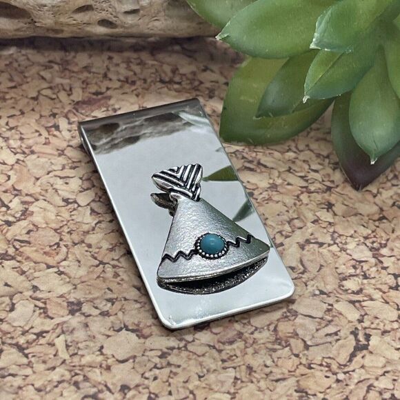 Teepee Tipi Native American Money Clip Stainless Steel Arrow Quality Turquoise - Picture 1 of 12